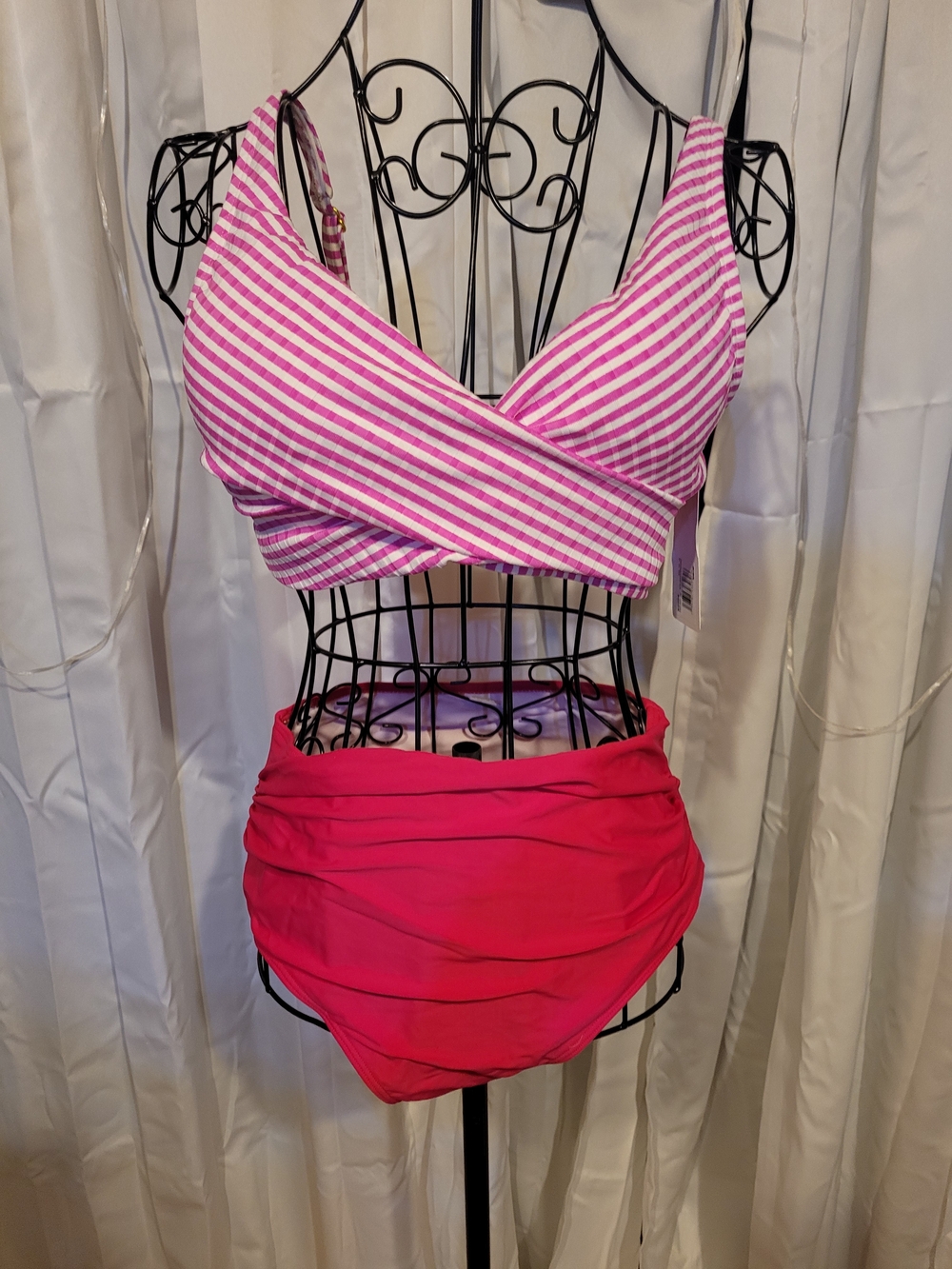 Amazon Pink Striped Wrap Bikini Top with Hot Pink High-Waist Bottom